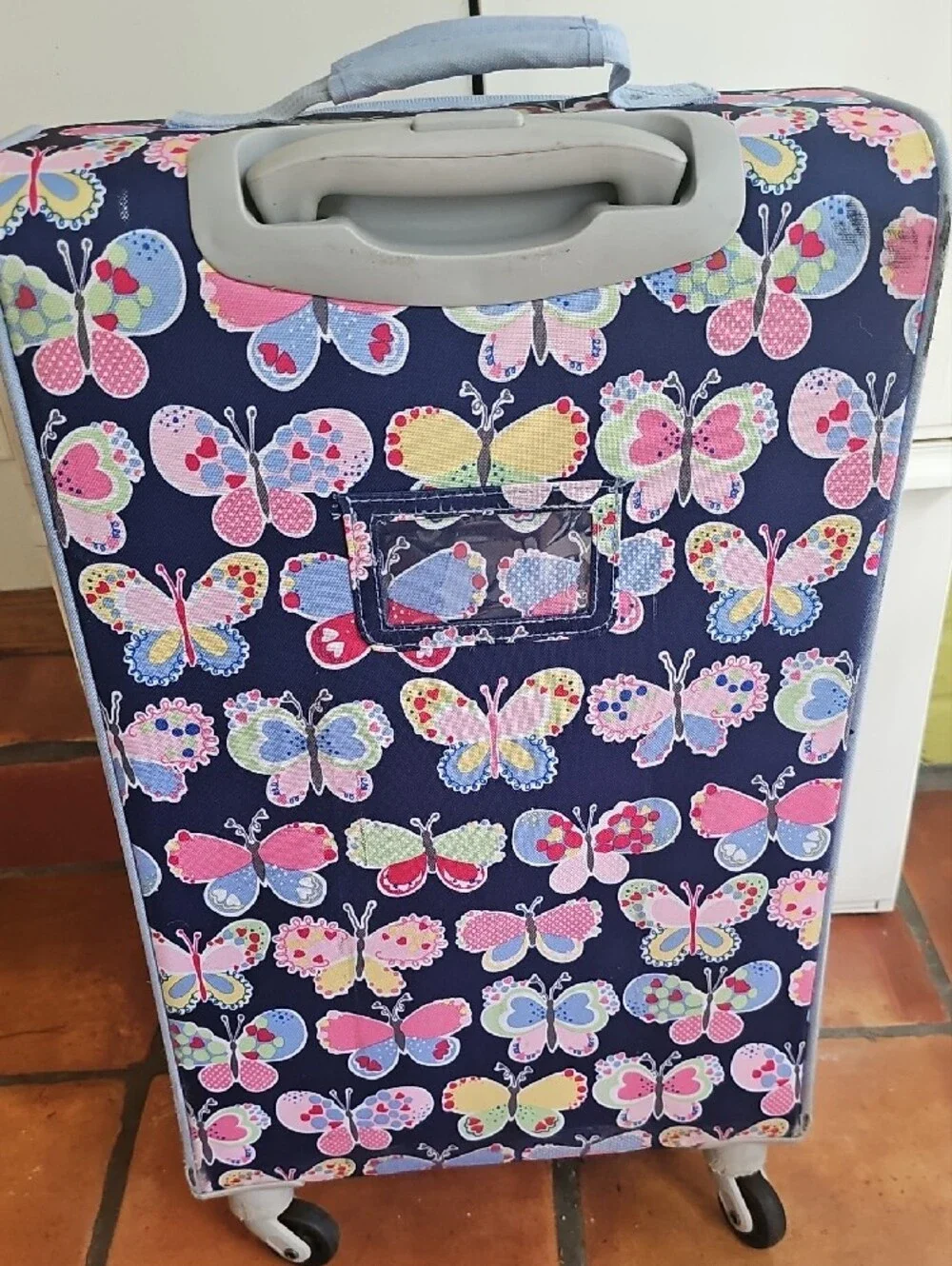 Pottery Barn Kids Navy Butterfly Rolling Suitcase with Pastel Accents